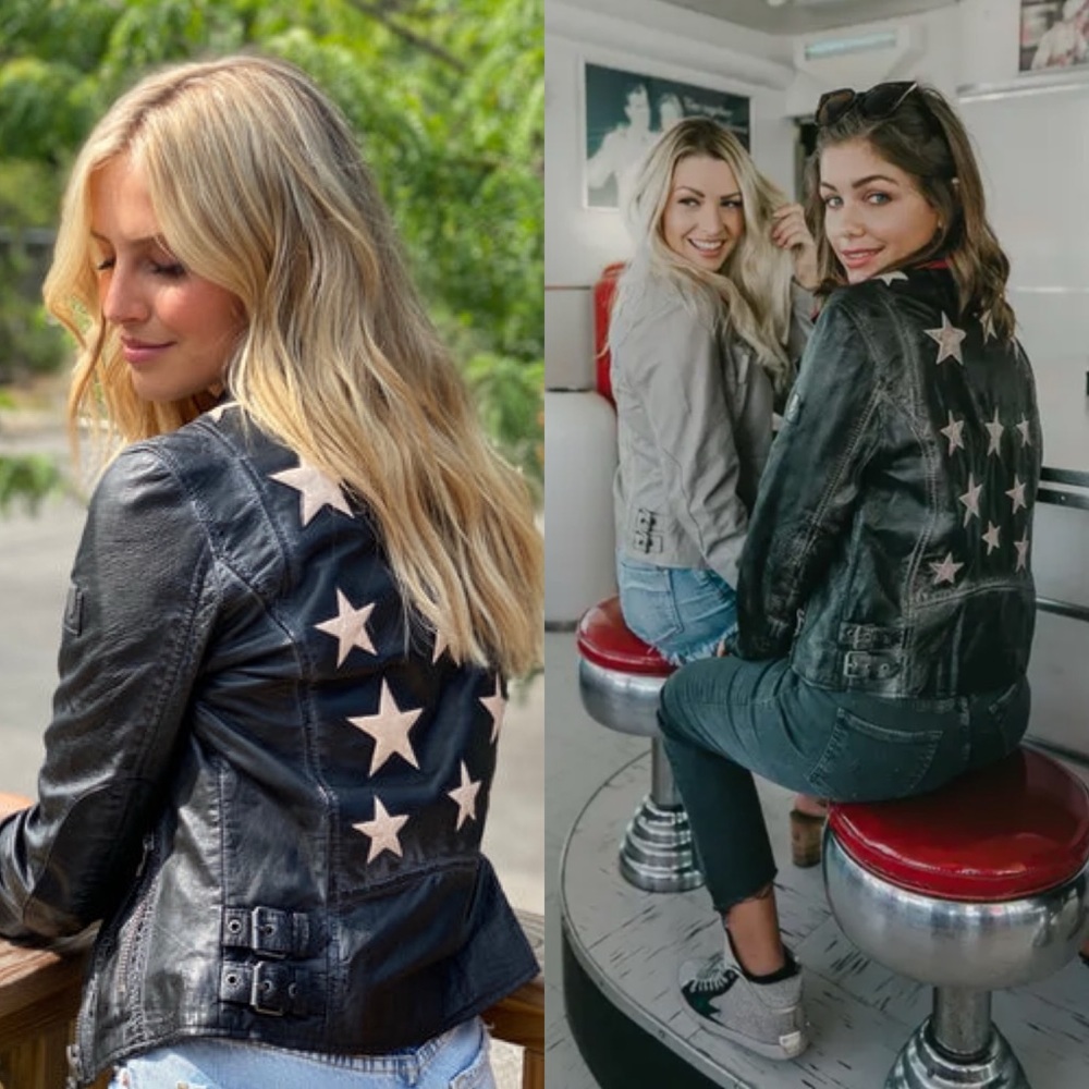 MAURITIUS Christy RF Star Distressed Vintage Leather Jacket in Navy Sz 6 US